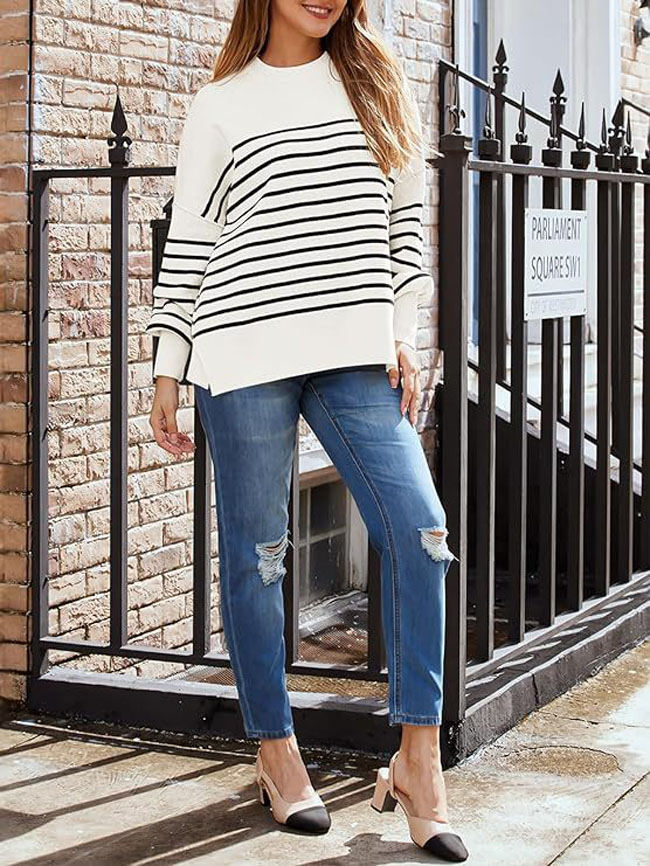 European and American women's round neck batwing long sleeved sweater 2024 new autumn casual knitted side slit pullover