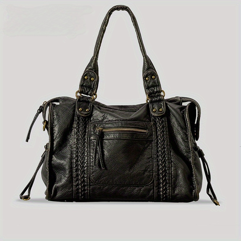 Women's Fashion Vintage Washed Soft Leather Tote Large Capacity Commuter Multi-Pocket Shoulder Messenger Bag