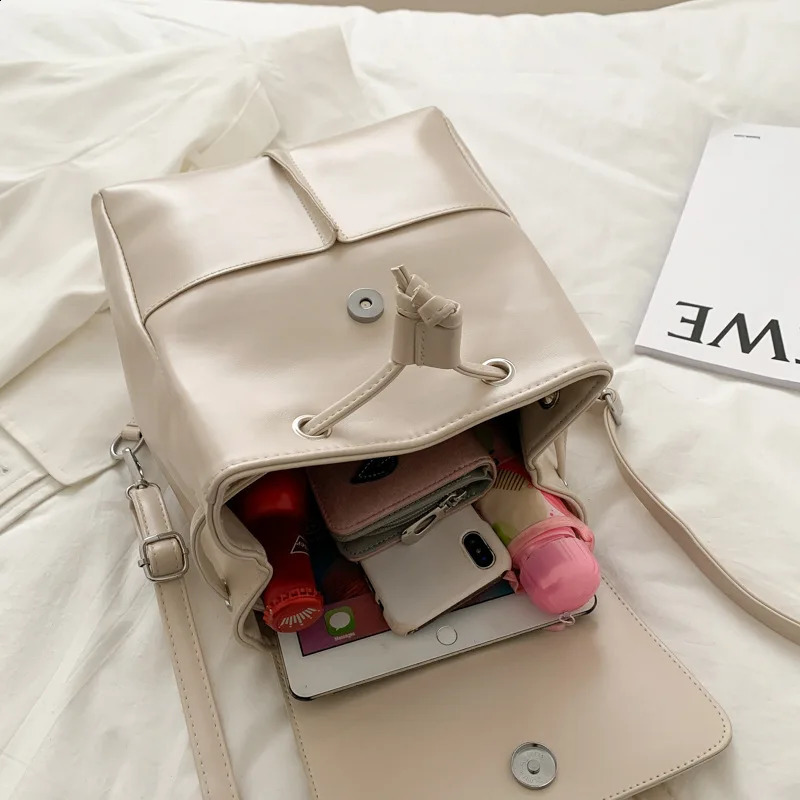 PU backpack womens Korean style String small Rucksack elegant womens large capacity travel retro full matching backpack student book 240912