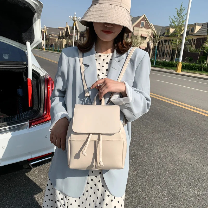 PU backpack womens Korean style String small Rucksack elegant womens large capacity travel retro full matching backpack student book 240912