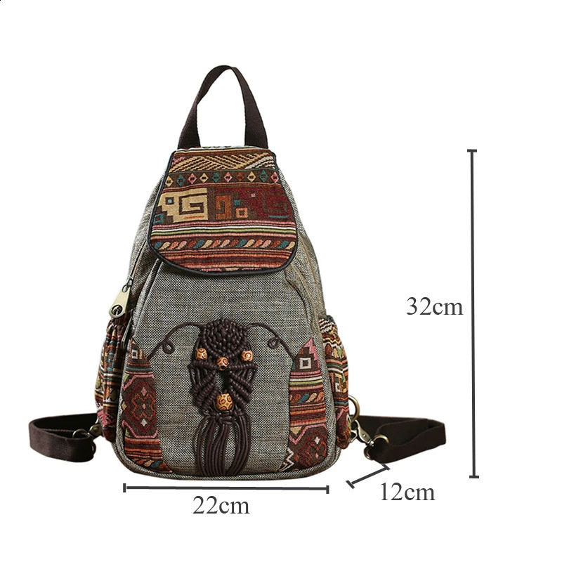 LUYO Handmade Backpack Womens Retro Canvas Backpack Ethnic Korean Style Geometric Printing Backpack Womens Travel Backpack 240912