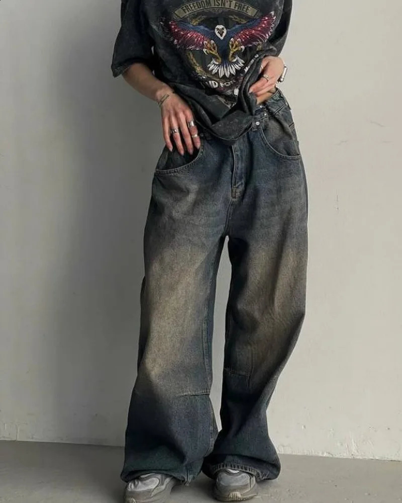 Y2K Streetwear Clothes Fashion Washed Old Baggy Jeans Women Vintage Harajuku Casual Joker Gothic High Waist Wide Leg Pants 240906