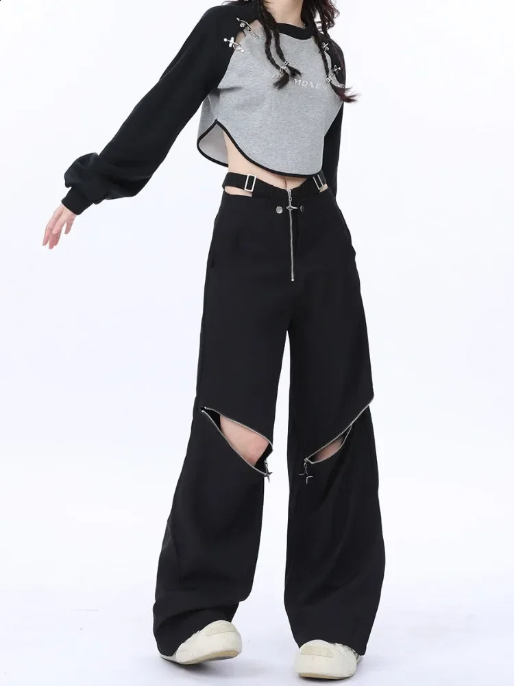 HOUZHOU Y2K Black Cargo Pants Women Baggy Punk Style Zipper Trouser Hip Hop Gyaru Streetwear High Waist Pant Techwear Hollow Out 240906