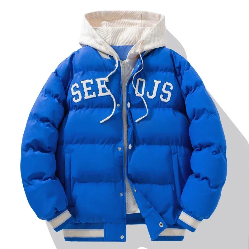 Mens Winter Baseball Jacket Harajuku 2 Pct Thick Down Cotton Padded Coat Streetwear Loose Cold-proof Hooded Parka 240914
