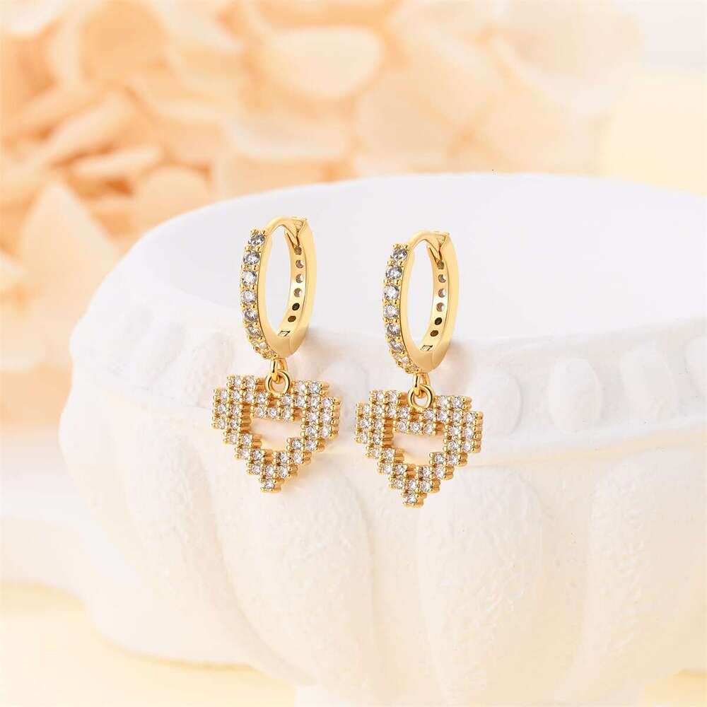 Full diamond heart shape hoop earrings for women 925 sterling silver square earring wholesale