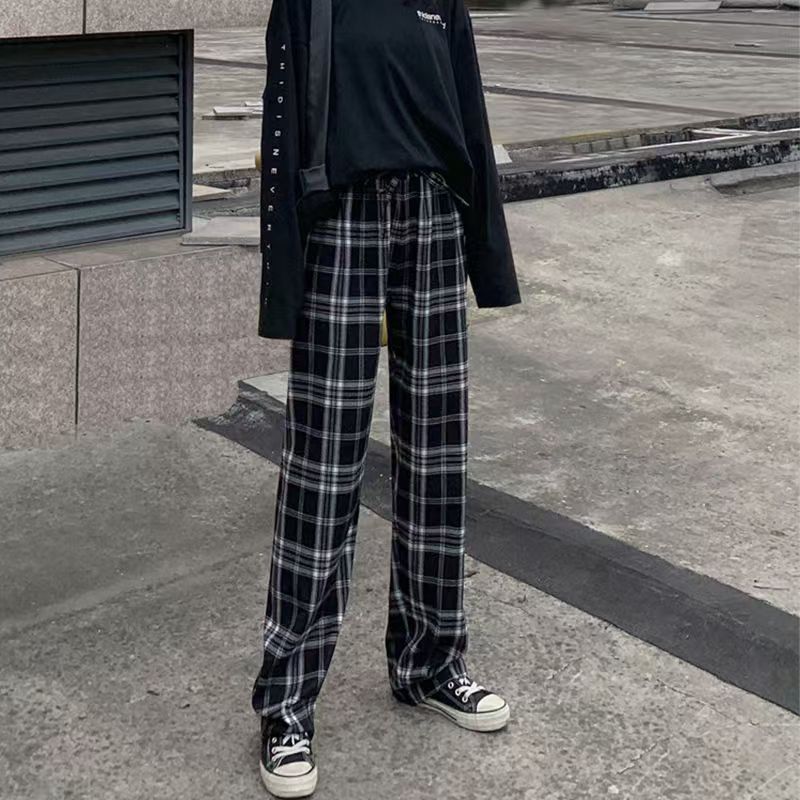 Black Plaid Pants Women's Summer Thin High Waist Wide Leg Casual Pants Loose Plaid Pants Straight Mopping Pants