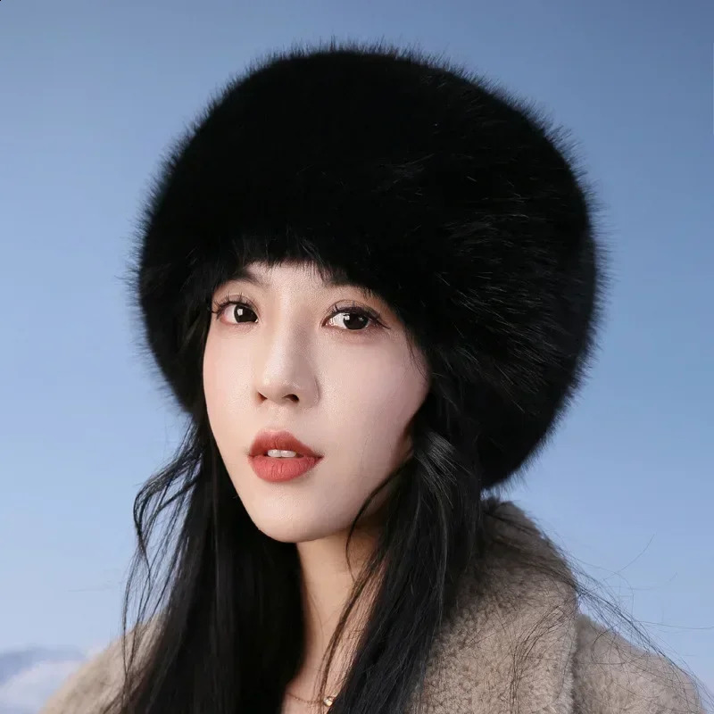 Super Fashion Winter Snow Hat with Artificial Fur Thick Womens Fluffy Fur Hat Skiing Russian Windproof Hat Party Warm Fox Fur Hat Black 240914