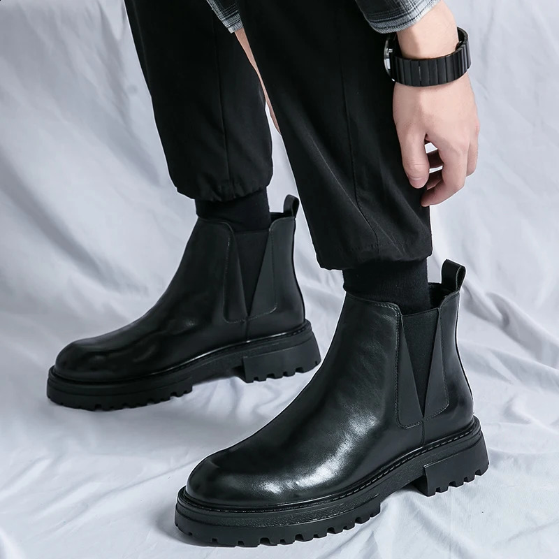 Men Platform Short Chelsea Boot British Style Microfiber Leather Autumn Winter Classic Men Brownblack Thick Soled Chelsea Boots 240914