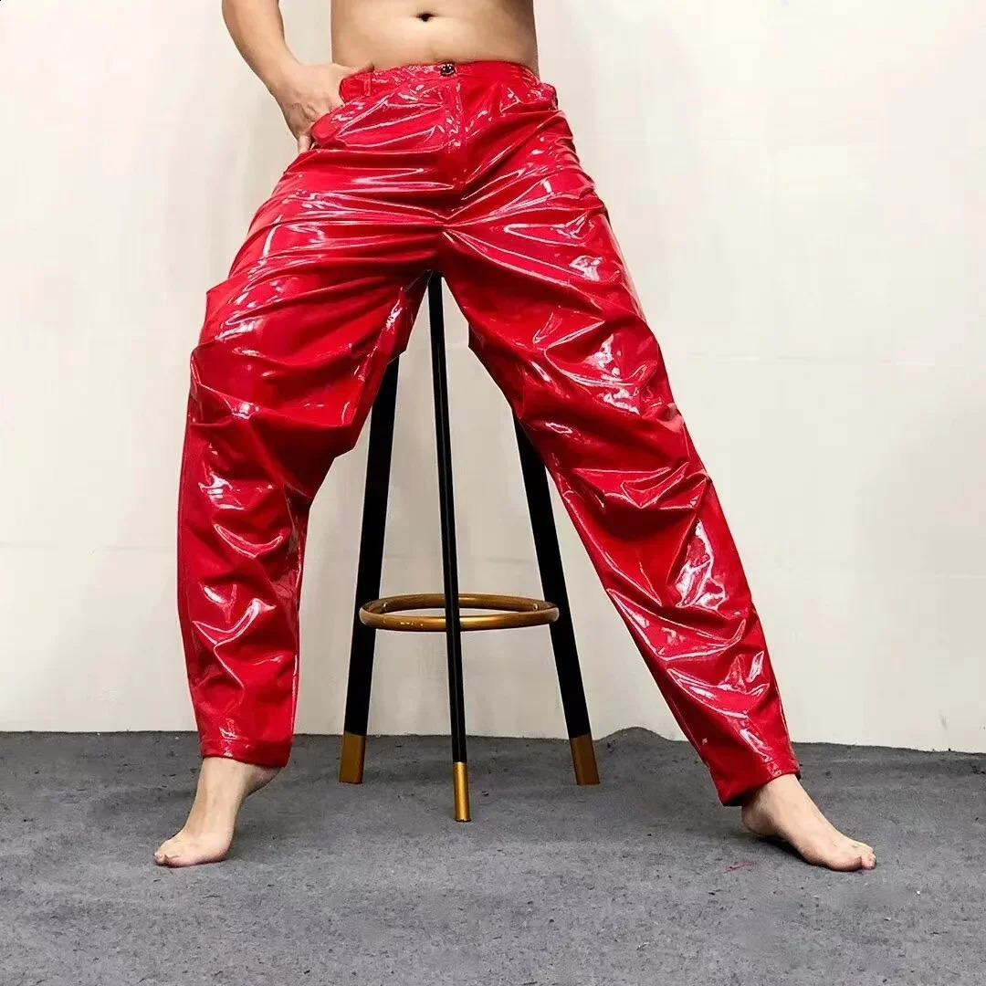Mens mid waist shiny synthetic latex leather loose hip-hop pants with pockets mens solid color elastic PVC Trouser club uniform ly customized 240913