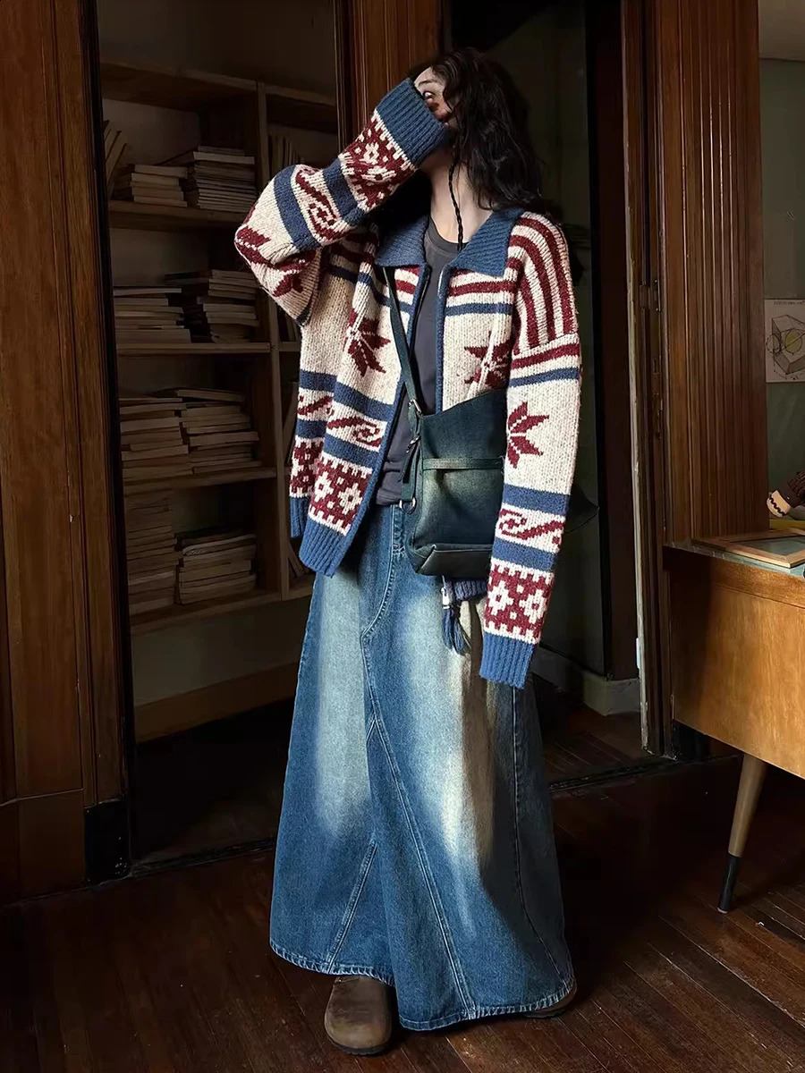 REDDACHiC Retro Fair Isle Cardigan Sweater Women Lapel Long Sleeves Zip Up Oversize Chunky Knit Jacket Coat Warm Winter Clothes 240914