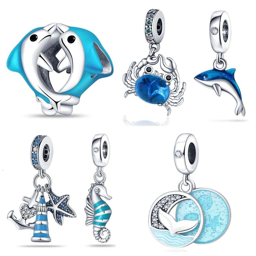 New 925 Sterling Silver Charm Blue Ocean Seahorse Dolphin Crab Pendant Fit Charms Silver 925 Original Bracelet DIY Jewelry Making For women Gifts