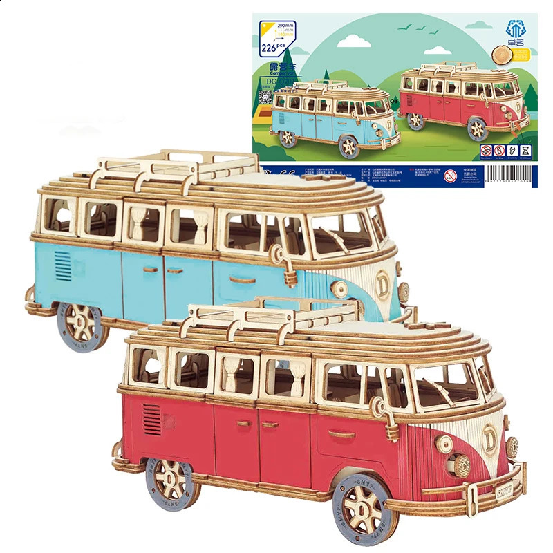 3D wooden puzzle retro bus European style camping car assembly model DIY hands-on ability childrens cultural toys 240913