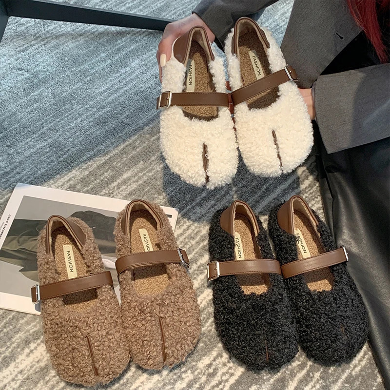 Round toe casual womens shoes autumn Loafers fur shallow mouth boat autumn Moccasin elastic buckle belt casual rubber solid Mary 240914