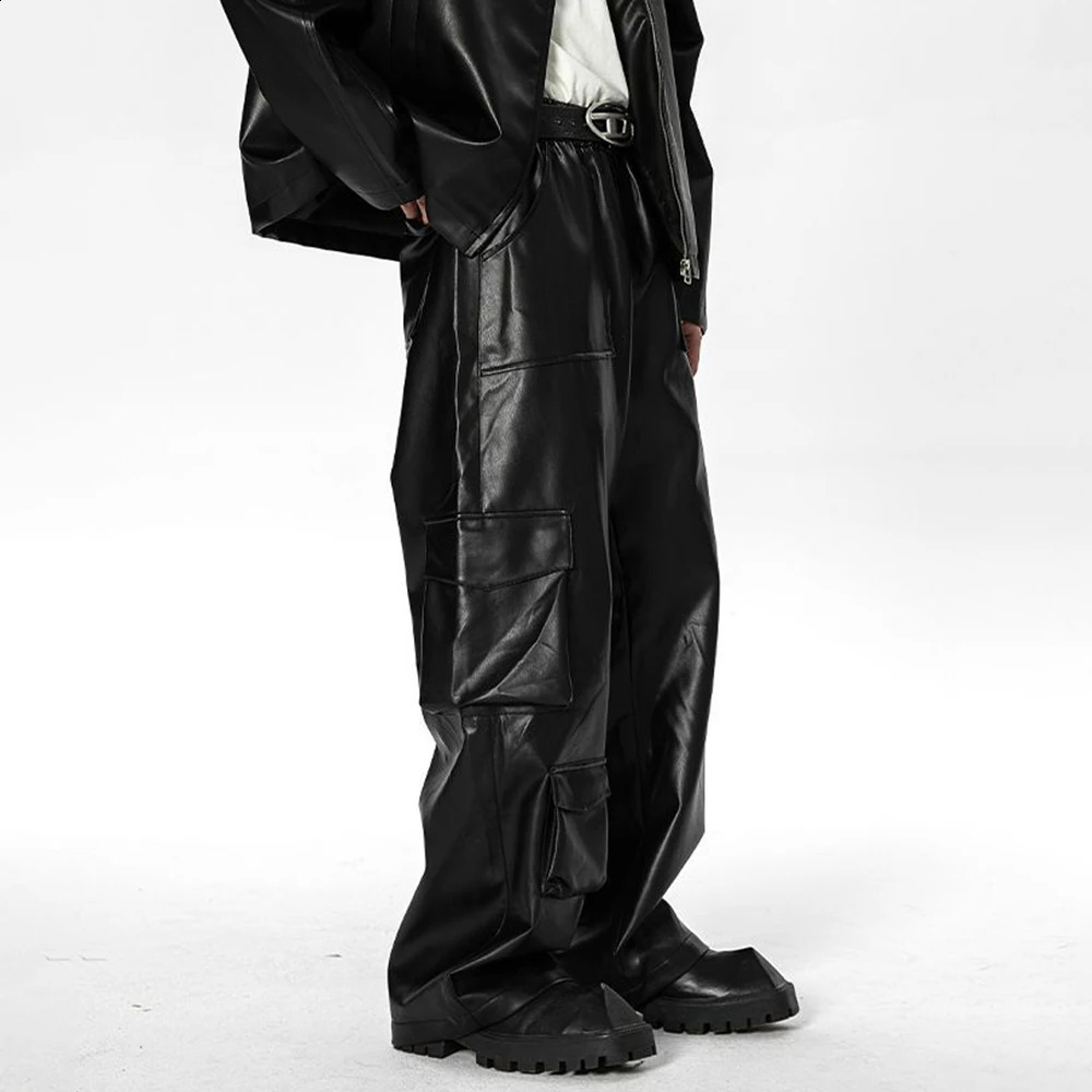 American mens Y2k multi pocket leather wrapped hardcover youth loose casual street solid color punk mens leather pants 240913