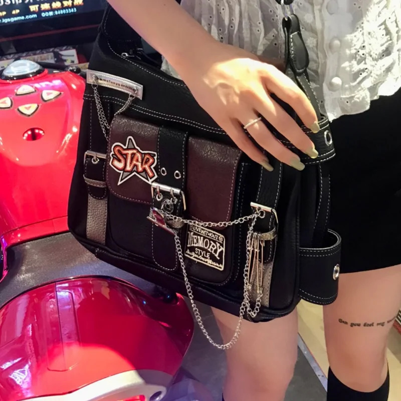 HAEX Retro Womens Messenger Bag Fashion Y2K Chain Bolso Mujer Subcultural Punk Aesthetic Cross body Shoulder Bag for Women 240912