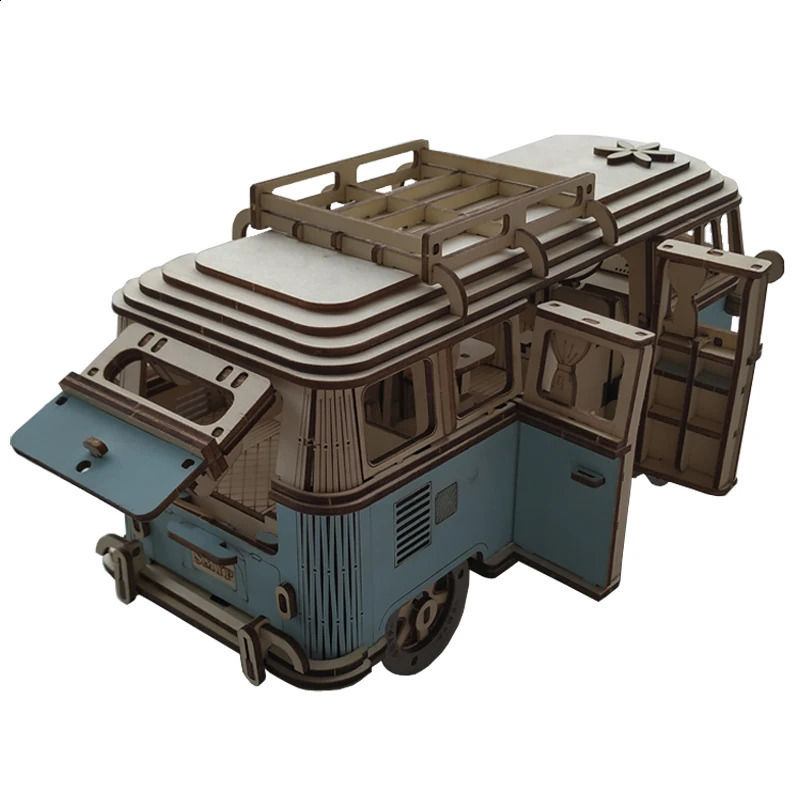3D wooden puzzle retro bus European style camping car assembly model DIY hands-on ability childrens cultural toys 240913