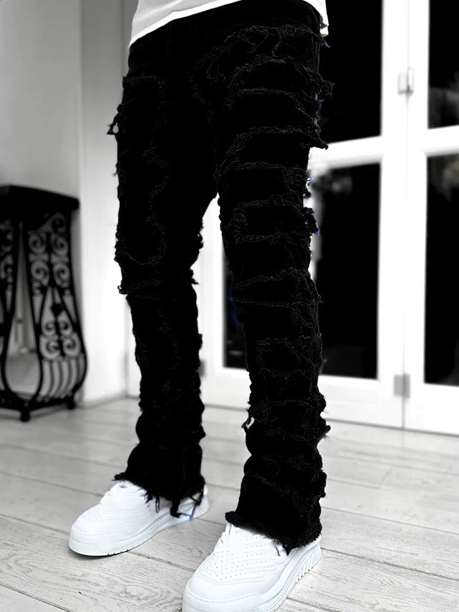 Mens Regular Fit Stacked Y2K Jeans Patch Distressed Destroyed Straight Denim Long Pants Streetwear Clothes 240912