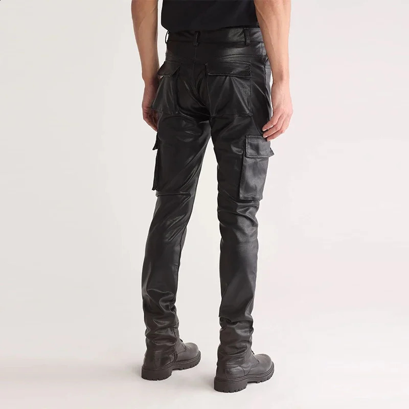 Mens black matte synthetic leather pants casual multi pocket cargo pants fashionable Y2K pants mens elastic Pu Trouser club uniform customized 240913