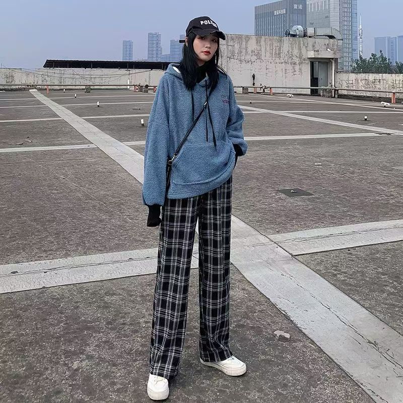 Black Plaid Pants Women's Summer Thin High Waist Wide Leg Casual Pants Loose Plaid Pants Straight Mopping Pants