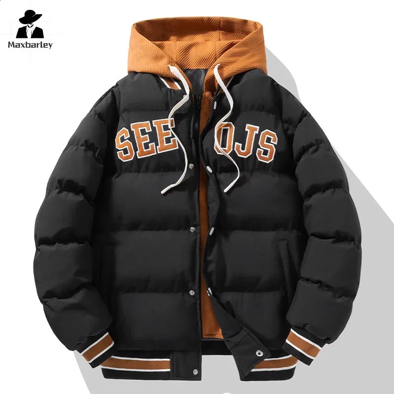 Mens Winter Baseball Jacket Harajuku 2 Pct Thick Down Cotton Padded Coat Streetwear Loose Cold-proof Hooded Parka 240914
