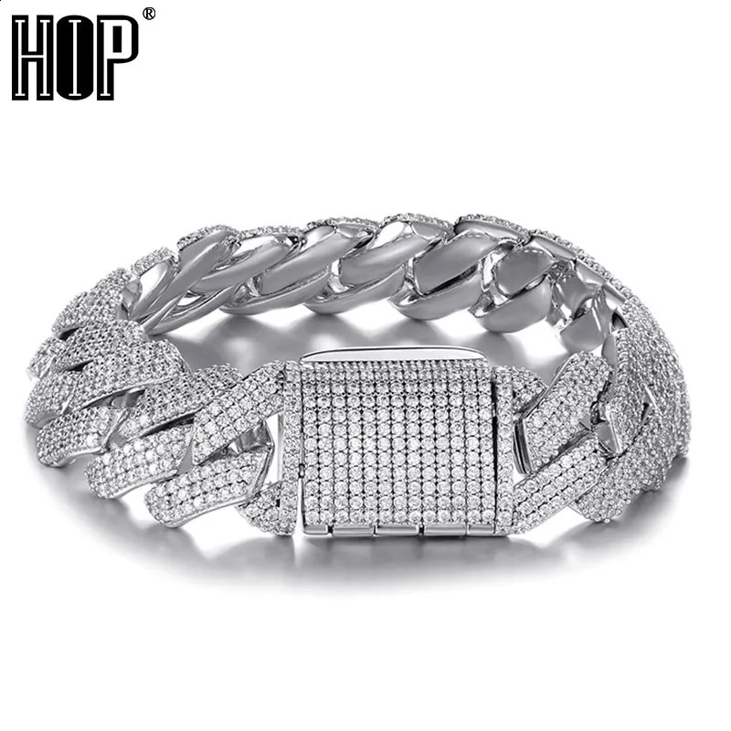 Hip Hop 19MM 3 Row Heavy Cuban Prong Chain Bling Iced Out Box Buckle Copper Setting Cubic Zirconia Bracelet For Men Jewelry 240910