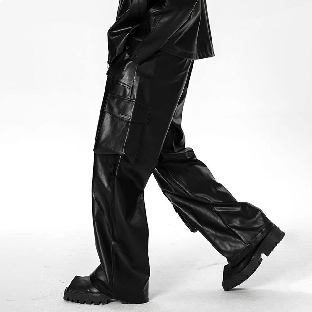 American mens Y2k multi pocket leather wrapped hardcover youth loose casual street solid color punk mens leather pants 240913