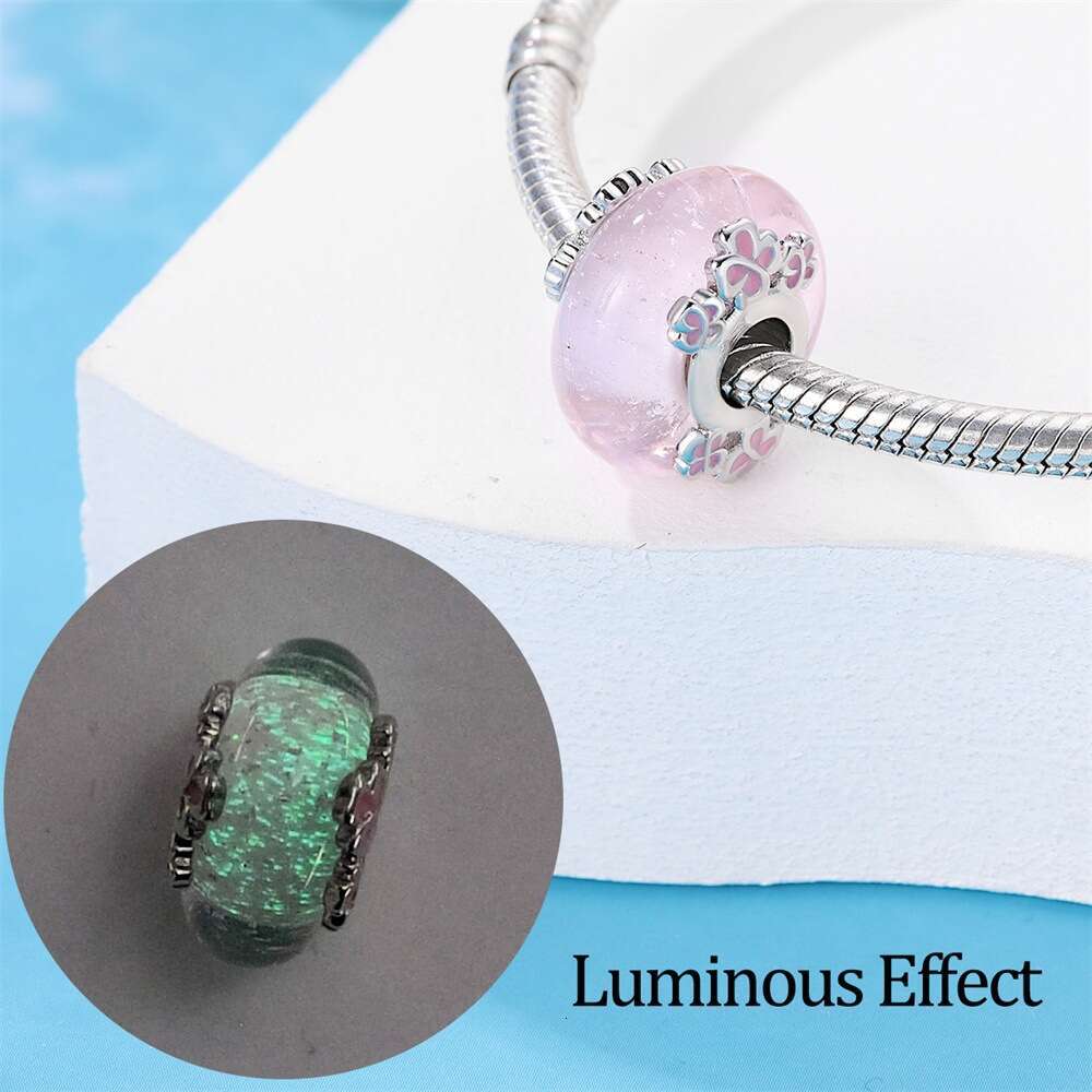 Spring New 925 Sterling Silver Charm pink blue Luminous glass beads Fit Charms Silver 925 Original Bracelet DIY Jewelry Making For women Gifts