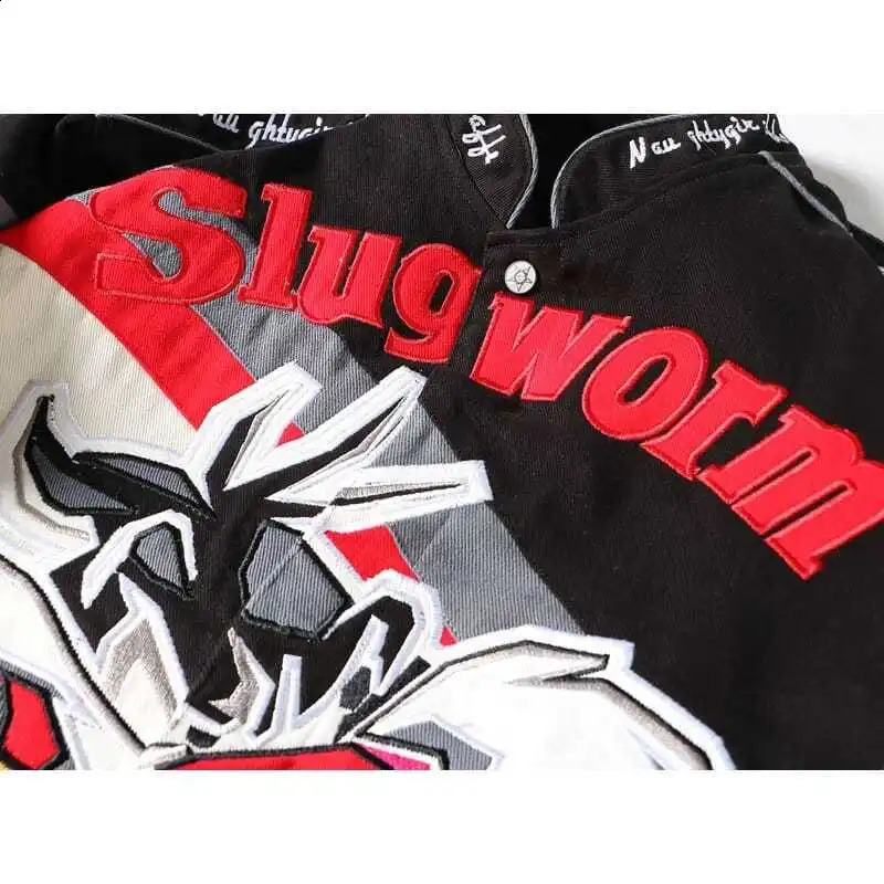 High Street Embroidered Anime Baseball Jacket Men Workwear Loose Motorcycle Jacket Pure Cotton Zipper Long Sleeve Stand Collar 240914