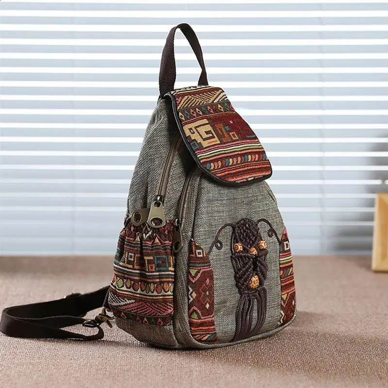 LUYO Handmade Backpack Womens Retro Canvas Backpack Ethnic Korean Style Geometric Printing Backpack Womens Travel Backpack 240912