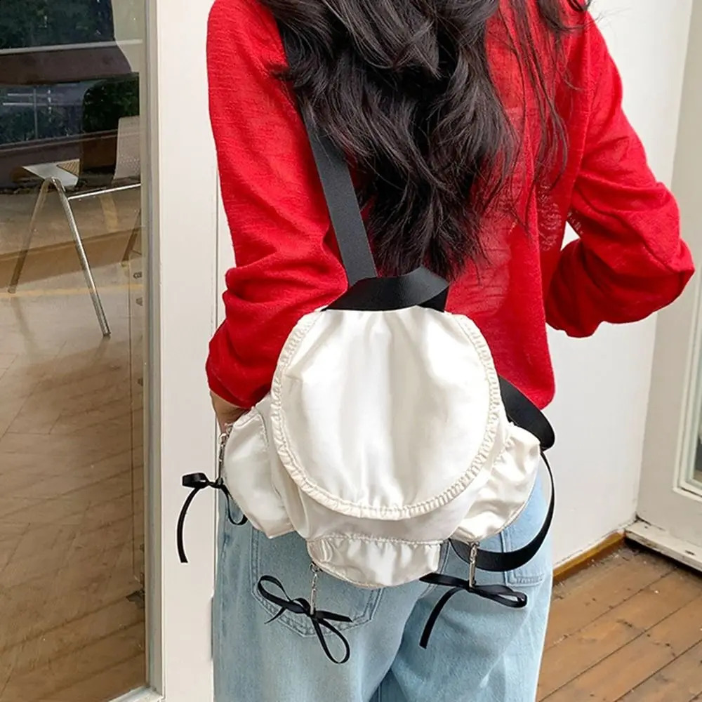 Korean drawstring backpack pre made pearl gloss nylon backpack solid color large capacity ribbon shoulder bag 240912