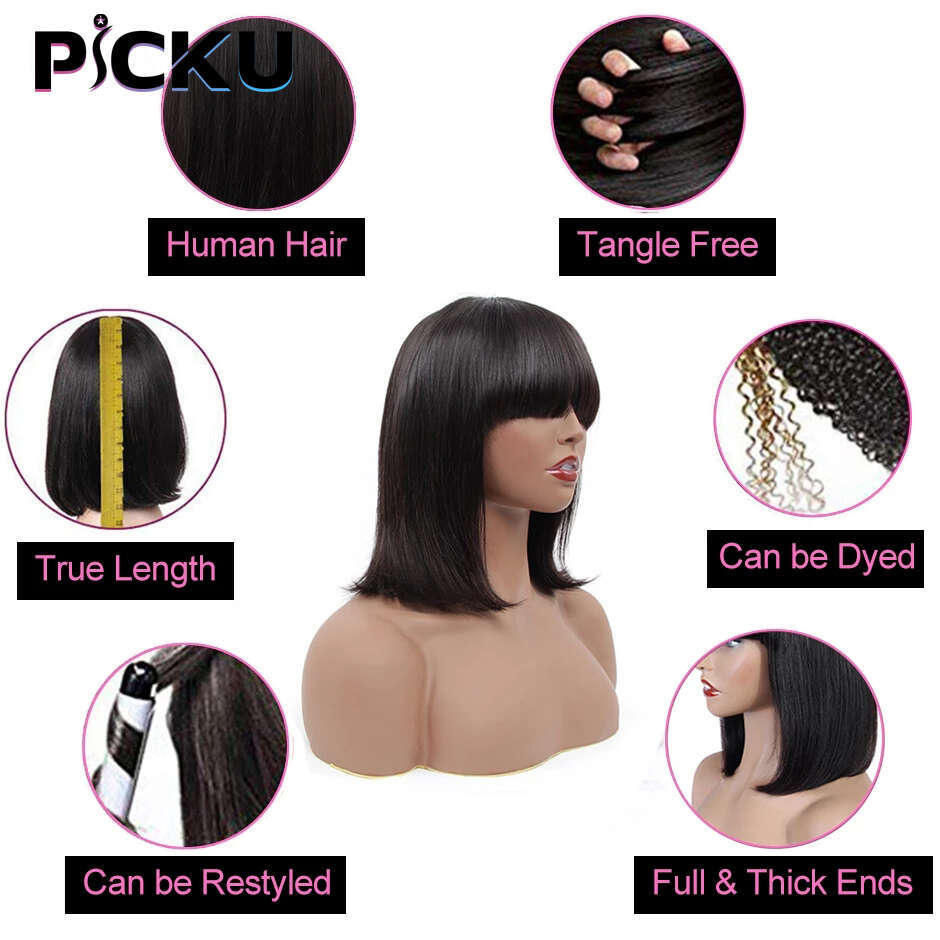 Straight With Bangs Full Hine Made Brazilian Remy Human Hair No Lace Bob Wigs For Woman