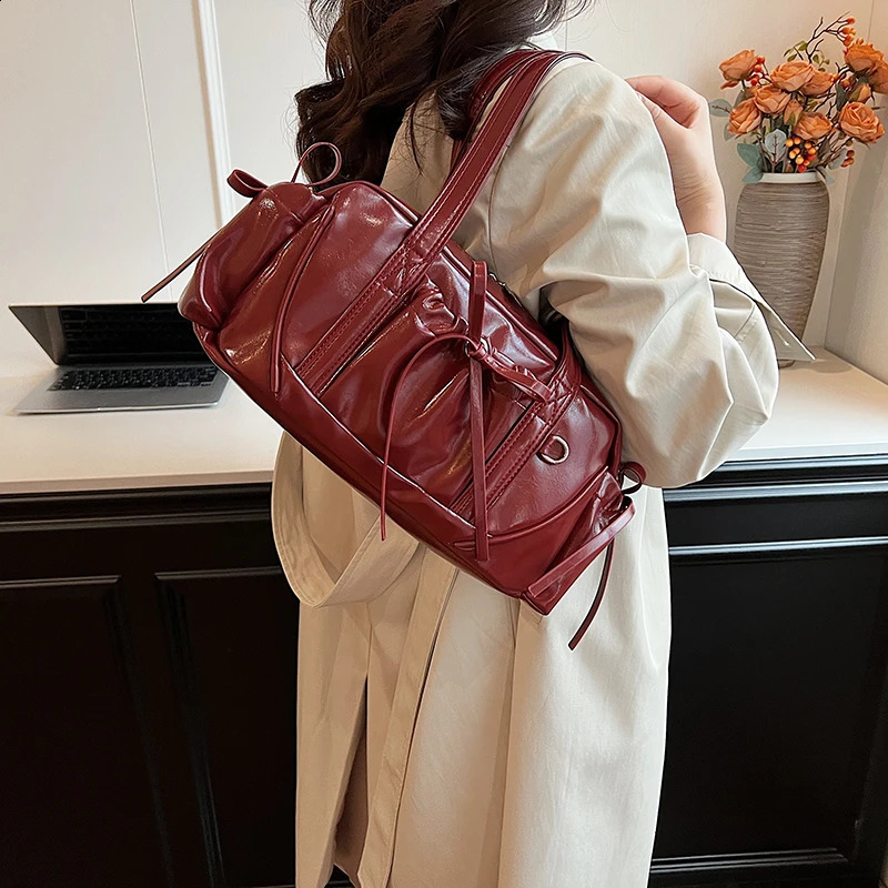 Retro Red Womens Bag Cute Bow Tie n Underarm For Women Korean Travel Handbag And Purse Pu Leather Shoulder Tote 240914