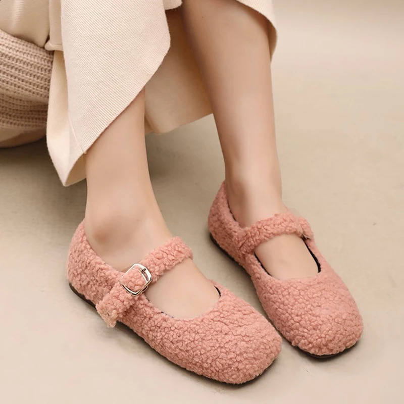 Elegant square toe Lambswool Mary Jane shoes for women fashionable Teddy fur ballet apartment for women warm winter plush coat in pink and green 24091