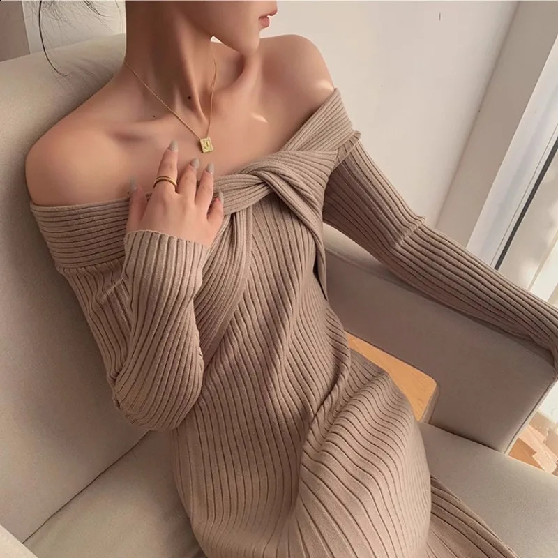 Womens autumn and winter highend n open knit dress unique slim fit warm 240913