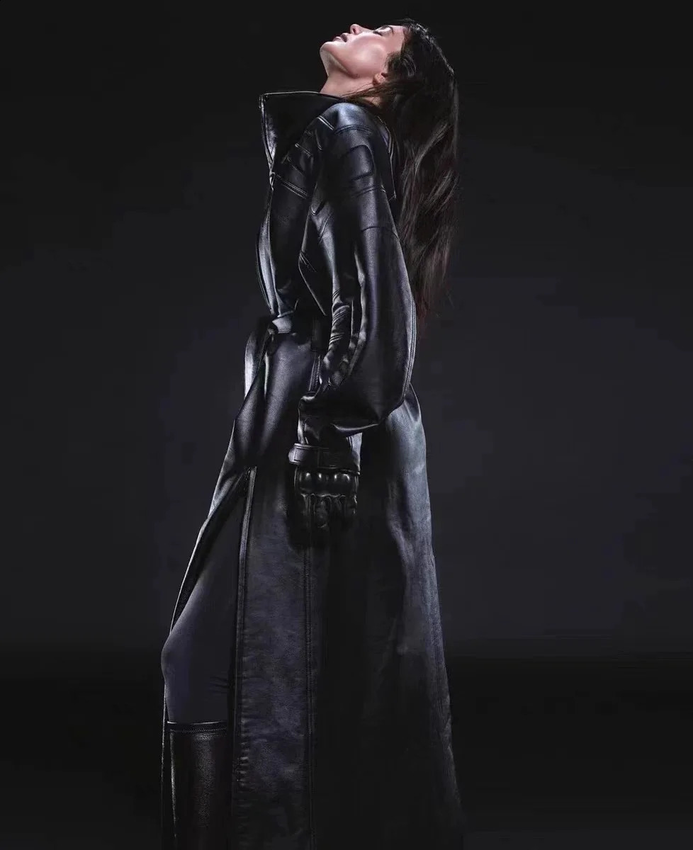 KHY kylie with silhouette zipper artificial leather trench coat DROP001 motorcycle wind stand-up collar coat c 240911