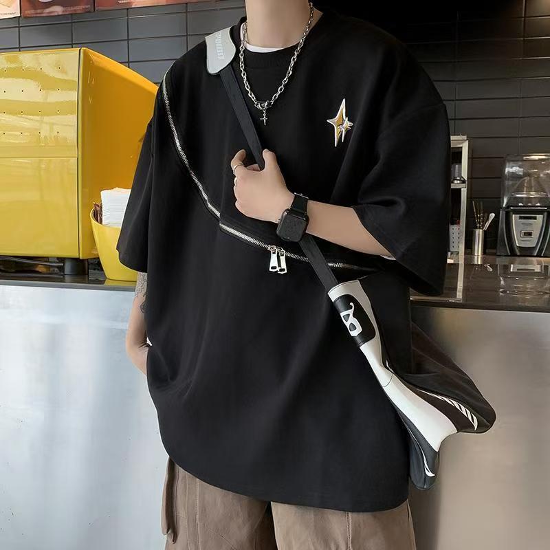 American high street dark niche design zipper designer T-shirt men's ins fashion brand handsome loose half-sleeve shirt