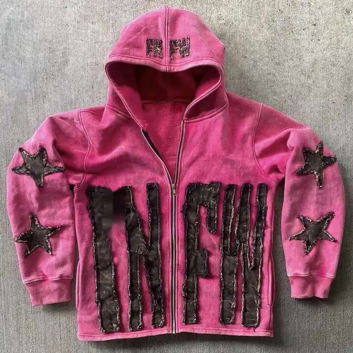 Cross Border Laundry For European And American Foreign Trade, Making Old Zippered Hoodies, Pasting Cloth, Embroidery, Boxy Cropped Zip Up Hoodie 001