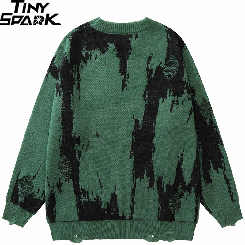 Men Streetwear Ripped Sweater Distressed Vintage Letter Graphic Hip Hop Knitted Sweater Retro Pullover Sweater Hipster 240911