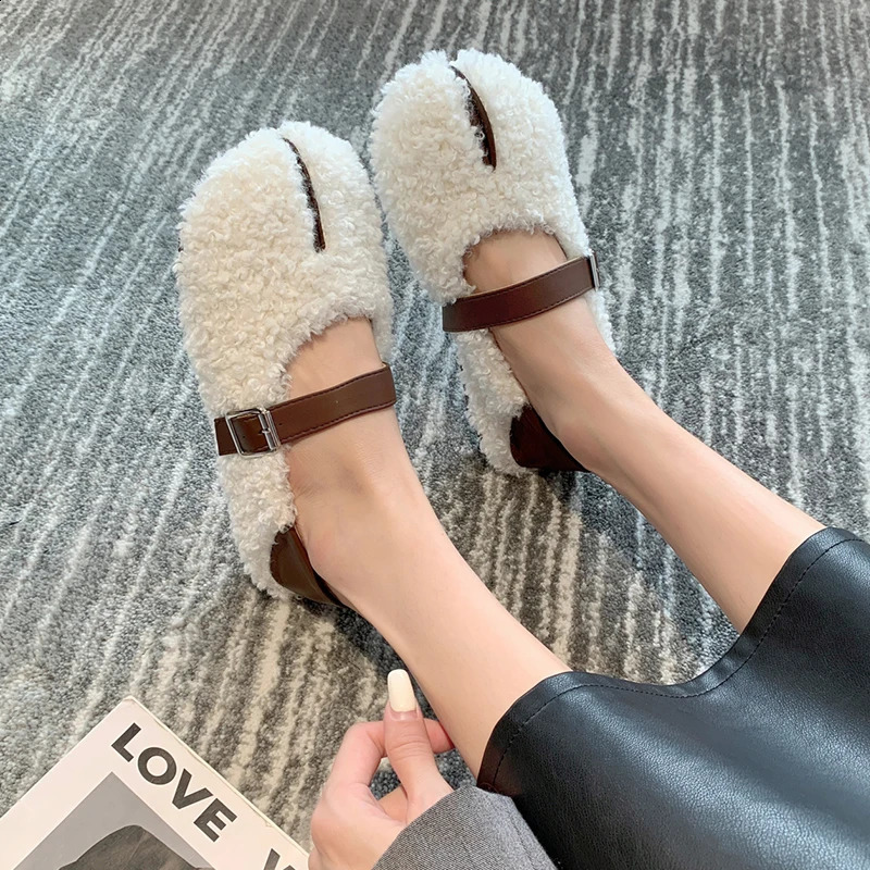 Round toe casual womens shoes autumn Loafers fur shallow mouth boat autumn Moccasin elastic buckle belt casual rubber solid Mary 240914