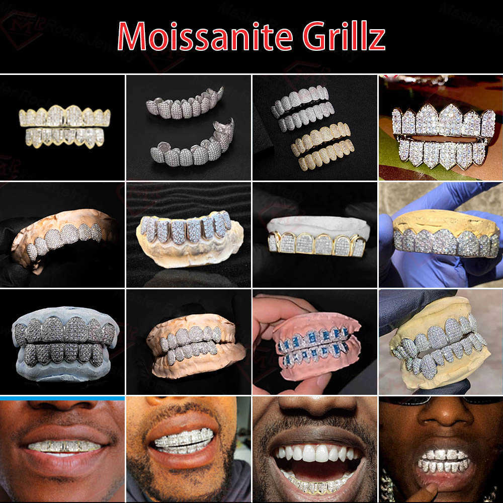Iced Out Hip Hop Grillz Diamond Teeth Rappers 8 Top 8 Bottom Gold Plated 925 Sterling Sliver Vvs Moissanite Grillz