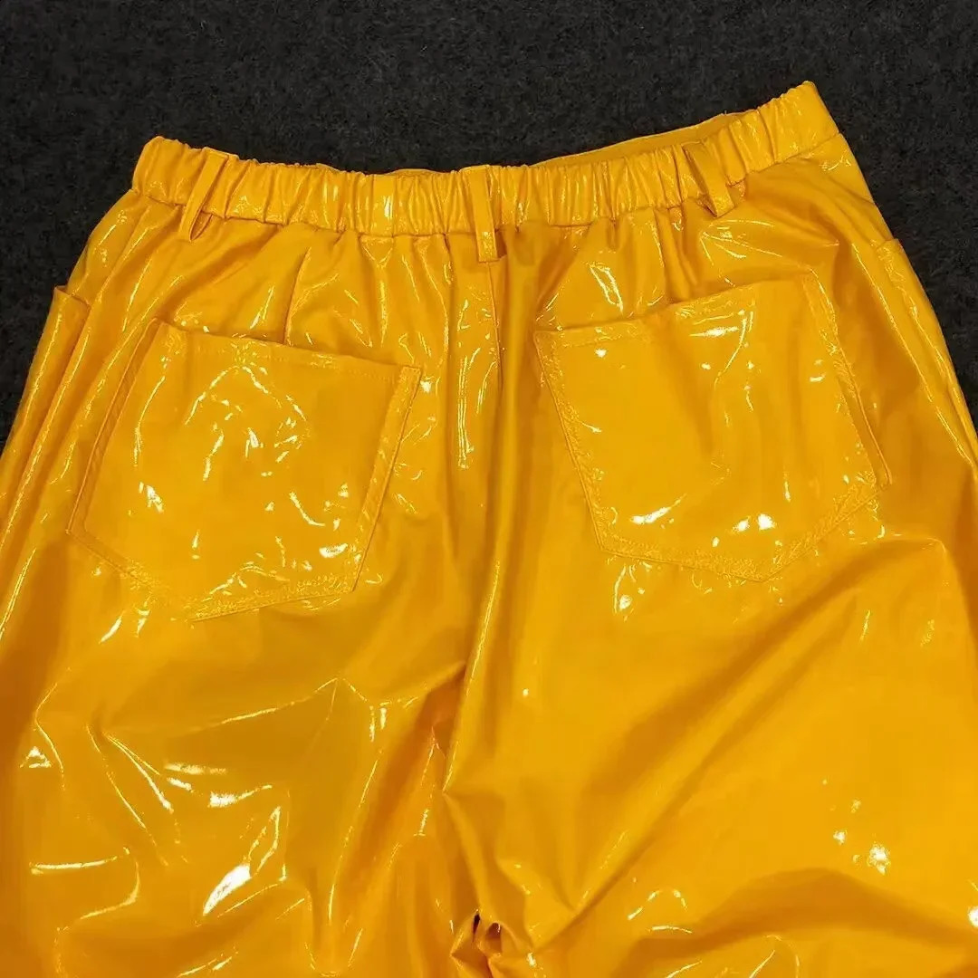 Mens mid waist shiny synthetic latex leather loose hip-hop pants with pockets mens solid color elastic PVC Trouser club uniform ly customized 240913