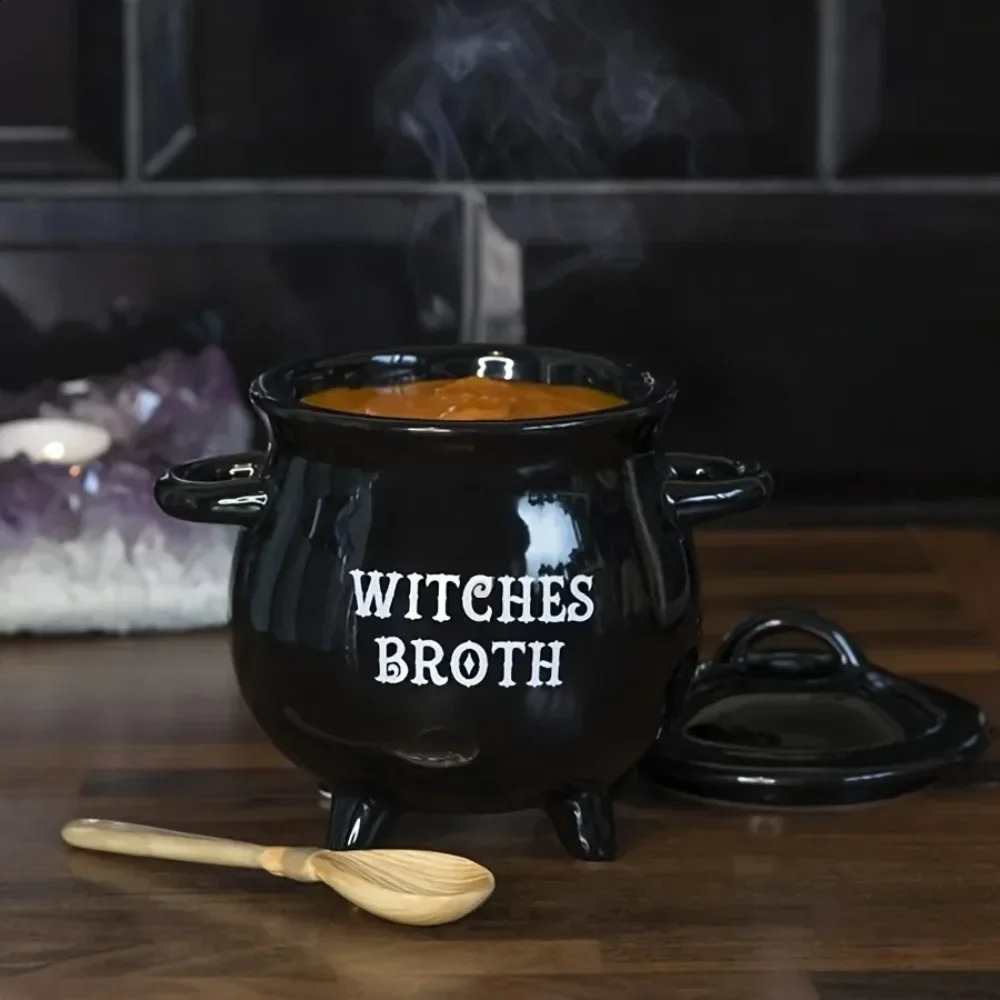1set 22OZ Witches Brew Cauldron Mug with Lid and Spoon Black Ceramic Coffee Cups Stockpot Tabletop Decoration for Halloween Gift 240910
