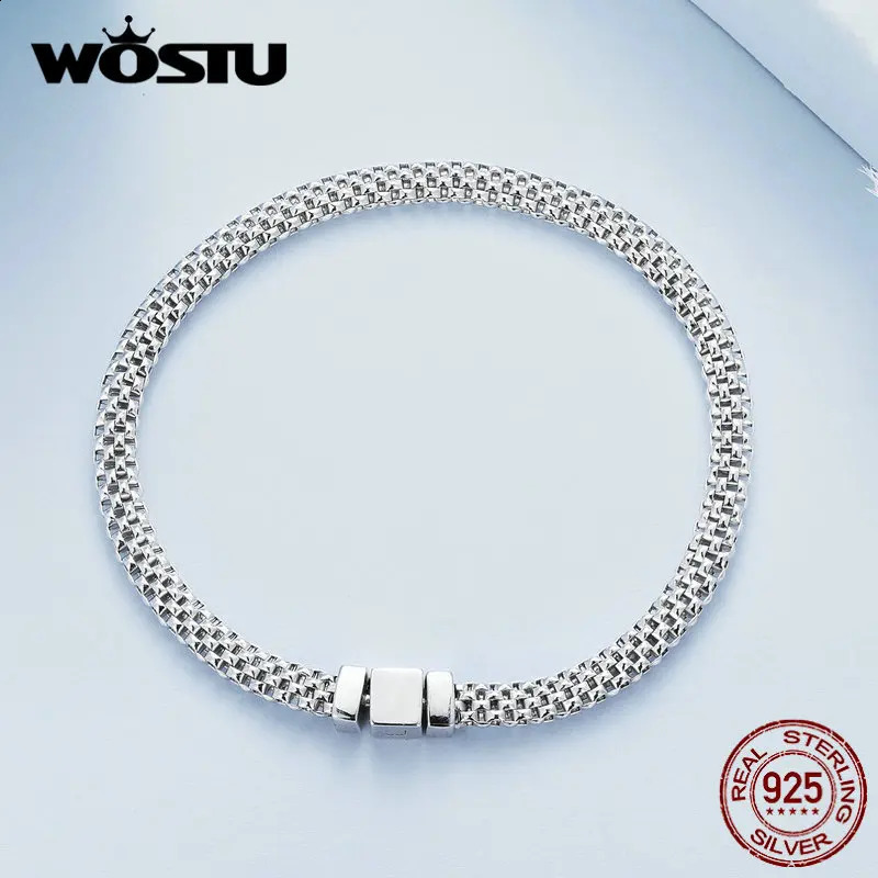 WOSTU 925 Pure Silver European Simple Knitted Mesh Bracelet Womens Fashion Chain y Wrist Jewelry Wedding Gift B124 240912