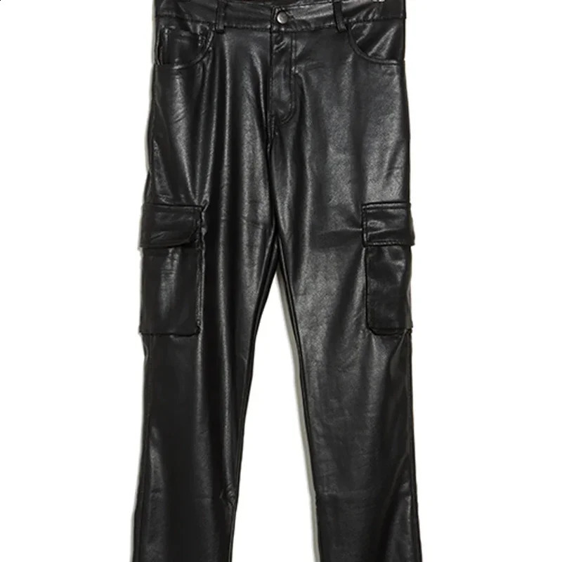 Mens black matte synthetic leather pants casual multi pocket cargo pants fashionable Y2K pants mens elastic Pu Trouser club uniform customized 240913