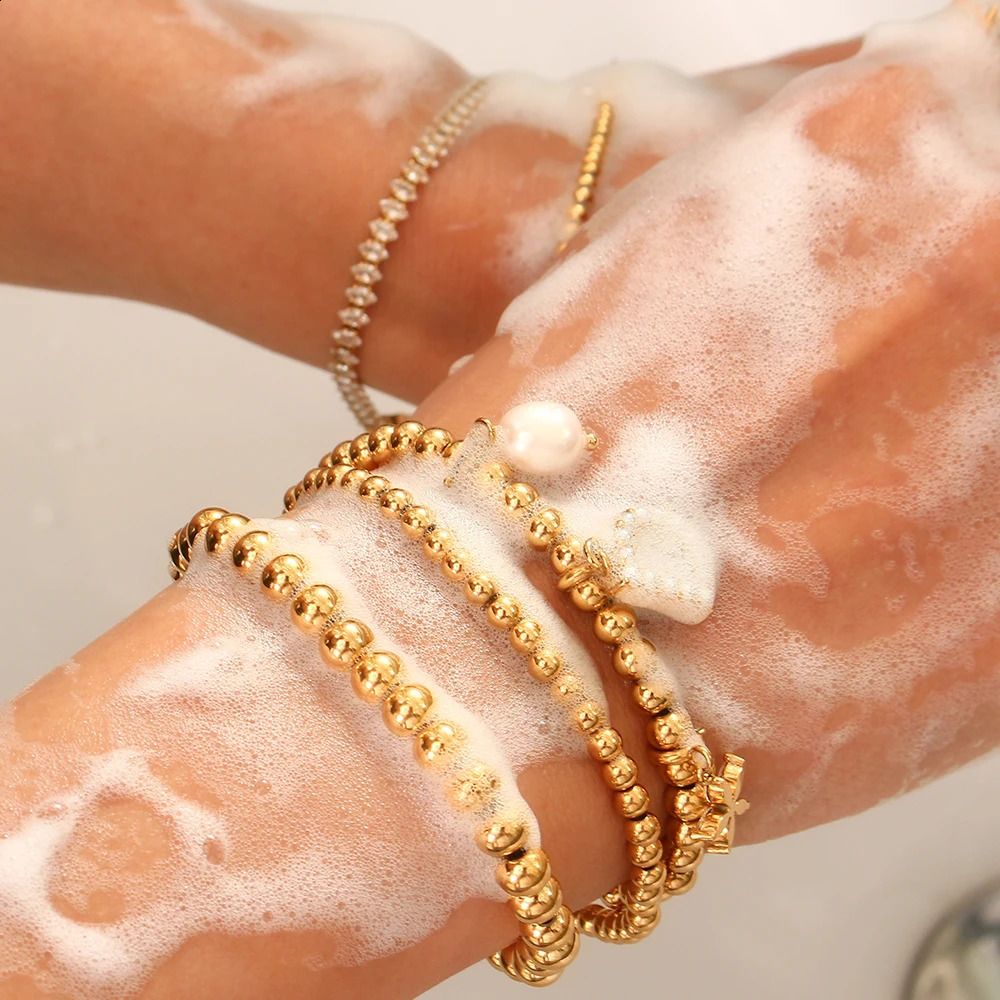 E.B.belle Gold Plated Silver Color Elastic Beads Bracelets Bangles For Woman Waterproof Stainless Steel Beaded Chain Bracelet 240914