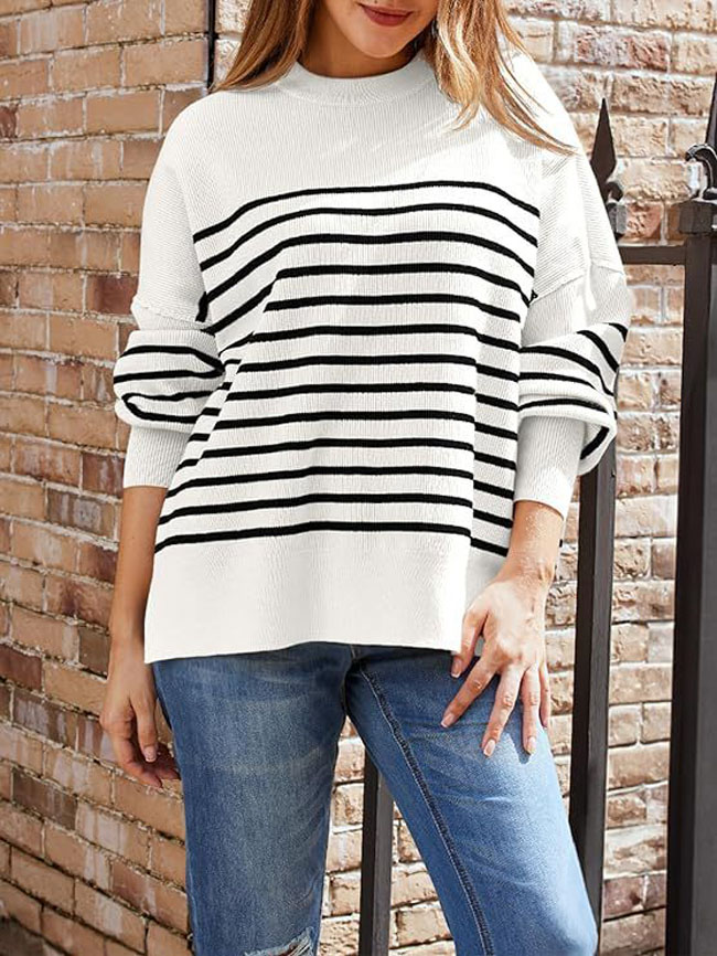 European and American women's round neck batwing long sleeved sweater 2024 new autumn casual knitted side slit pullover