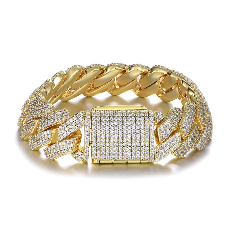 Hip Hop 19MM 3 Row Heavy Cuban Prong Chain Bling Iced Out Box Buckle Copper Setting Cubic Zirconia Bracelet For Men Jewelry 240910