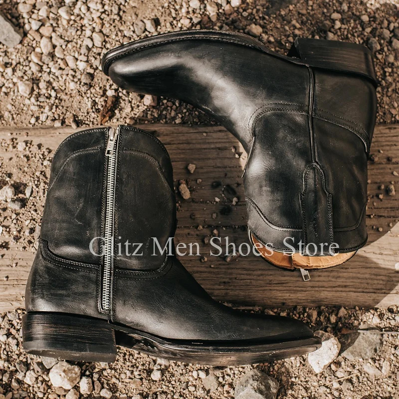 Black Western style mens boots classic leather lace zipper vintage handmade denim winter boots 240914