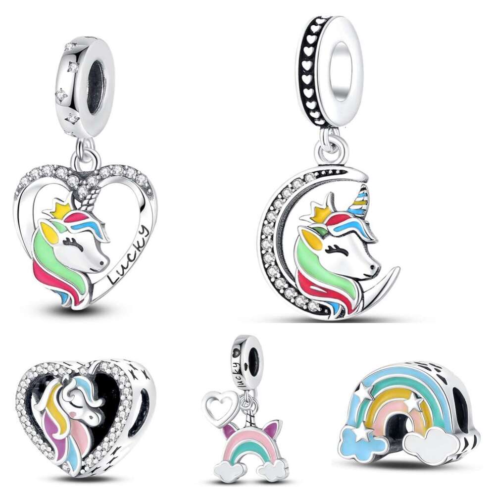 New 925 Sterling Silver Charm Rainbow Seven Color Heart shaped Pony Pendant Fit Charms Silver 925 Original Bracelet DIY Jewelry Making For women Gifts