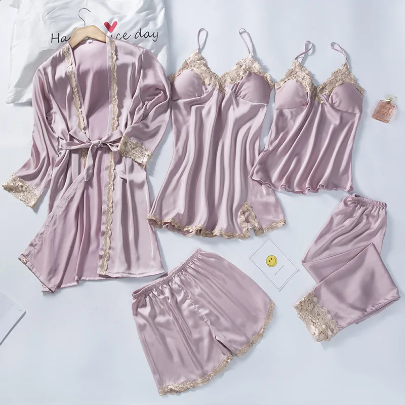 5 Pieces Pajamas Set Women Kimono Gown Satin Silk Sleepwear Casual Nightwear Intimate Lingerie With Lace Sexy Bathrobe Pyjamas 240913